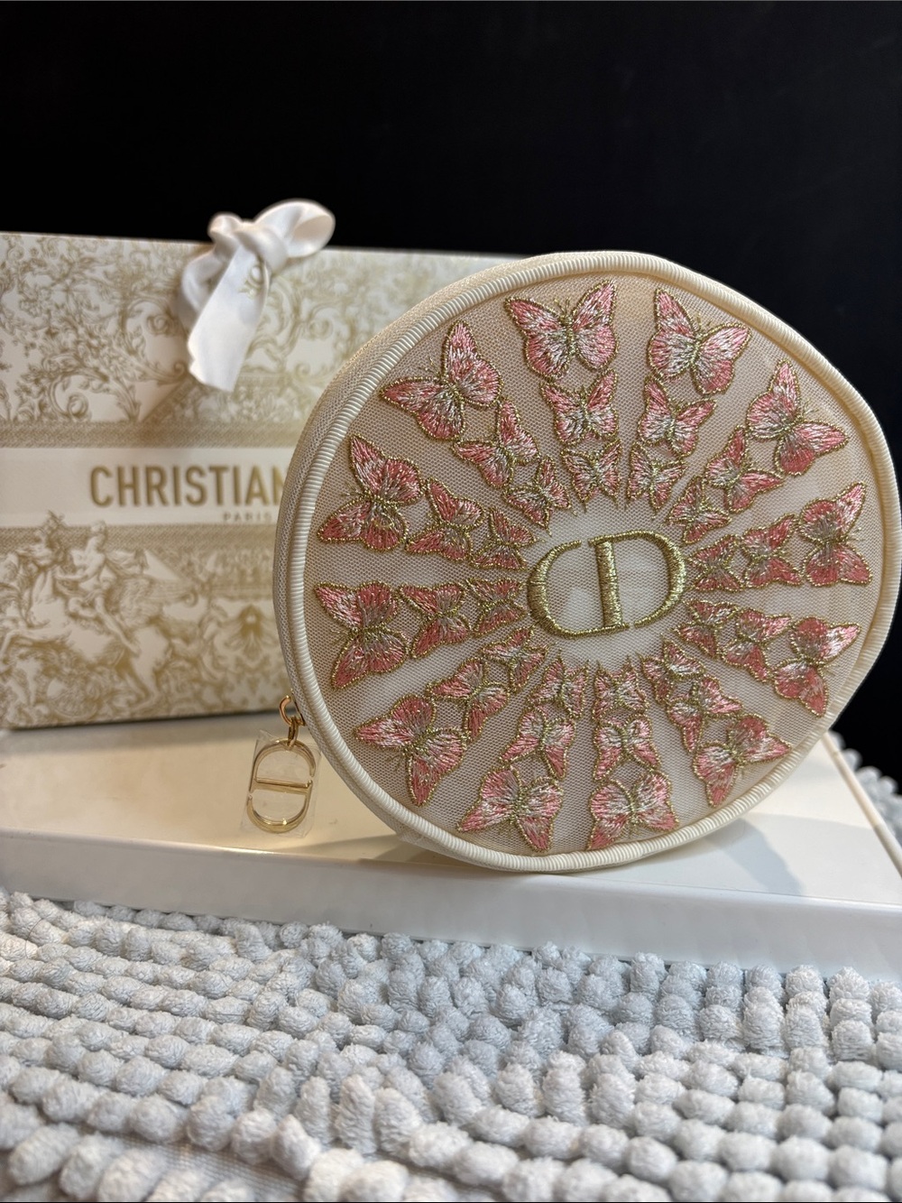 Dior Cream Round Pouch with Pink Butterfly Embroidery & Dior Bag